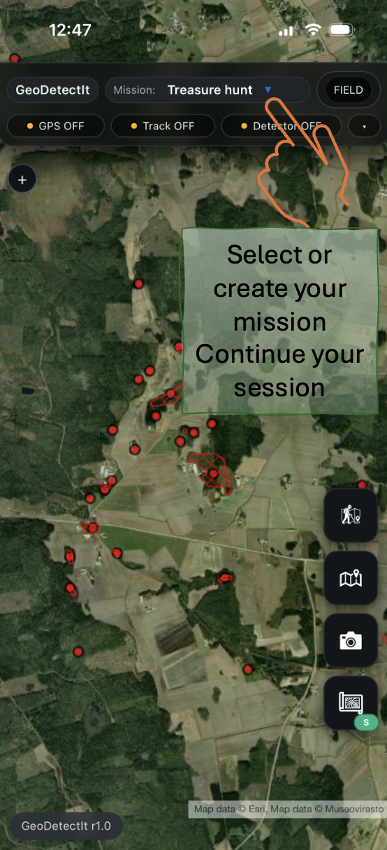 GeoDetectit mission selection in field view